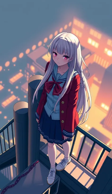 Animation, 3D rendering, realistic ,  optical difference, Dark tone,  woman standing on the overpass of a high-rise building, details, 1Girl , Long hair, pure white ,Ring braid,  Red Lips , Wearing a school uniform, White shirt, overcoat,Red blazer, skirt,...