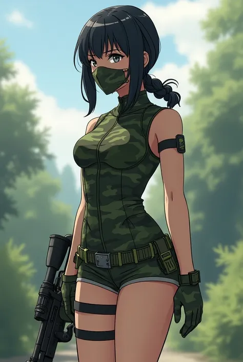 anime style
Gender: woman
Height: 158 cm
Age: 25
profession: The sniper
appearance: black hair they are braided in a careless pigtail, gray eye color, slim build. 
Clothing: camouflage skin-tight jumpsuit with short shorts. bandages on the hips with knives...