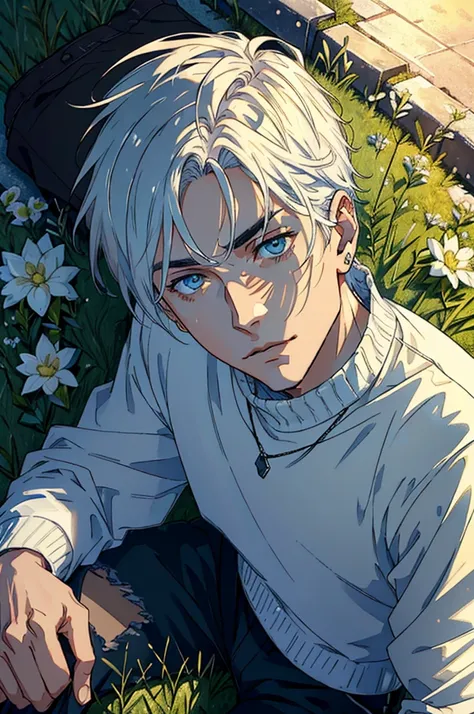 (absurd, high resolution, ultra detailed, HDR), (Camera showing from the waist up.), masterpiece, Best qualityAn adult man ANIME STY, lying on the grass, appearance: black hair that reaches halfway down his neck and is layered, His light brown eyes are sha...