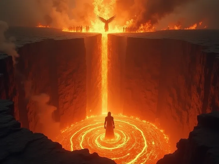 A dark, fiery chasm, where Satan is being cast down into the lake of fire, flames swirling around him as he descends. The lake is a glowing pit of molten lava, symbolizing eternal punishment, with angels watching from above to ensure his final defeat.8k ci...