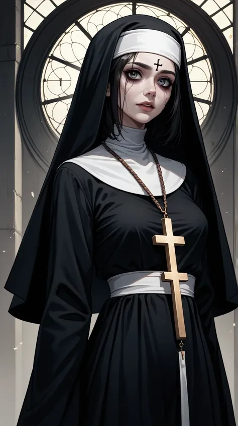 The image shows a disturbing-looking female figure, dressed as a nun. His skin is pale and his expression is disturbing, with a sinister look and laugh. her long dark hair, which falls messily over her face. She wears a black habit and a veil that covers h...