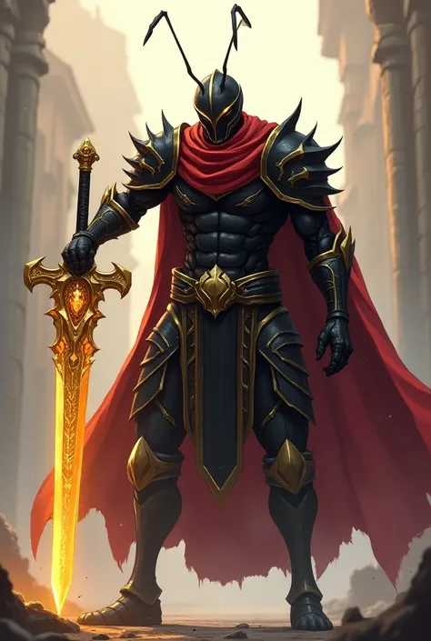 Male anthro ant wearing red long torn scarf,fantasy fully armored black and gold knight armor,wielding long fantasy gold and crystal sword (Anime-style)