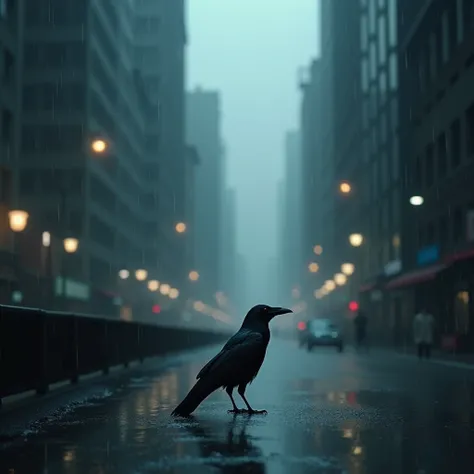 crow,heavy rain,Night,fog,metropolis street 