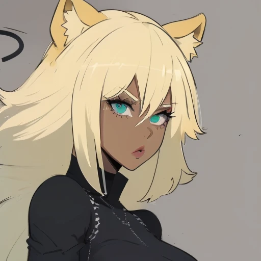 xilonen-gi, green eyes,blonde hair,animal ears,leopard girl, dark-skinned female, looking at viewer, red lips, solo, upper body