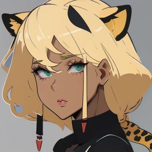 xilonen-gi, green eyes,blonde hair,animal ears,leopard girl, dark-skinned female, looking at viewer, red lips, solo, upper body