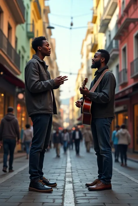 Un poeta recitando y un musico tocando una guitarra en la calle
