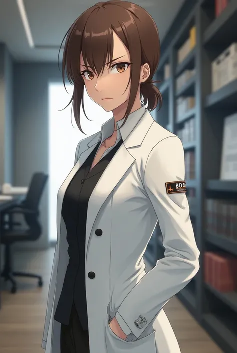 Create the anime image of a serious adult woman with brown hair and a white coat. Shes the head of an organization  