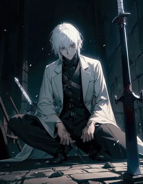 a man sitting on a pile of s with his sword in a dark place, white hair, black eyes, eyes glowing white, masterpiece, 8k, hd, bloodstains on his clothes, hd quality