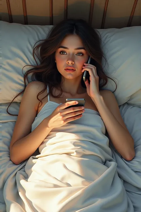 Girl fiddling with her cell phone in her bed talking on the phone realistic drawing