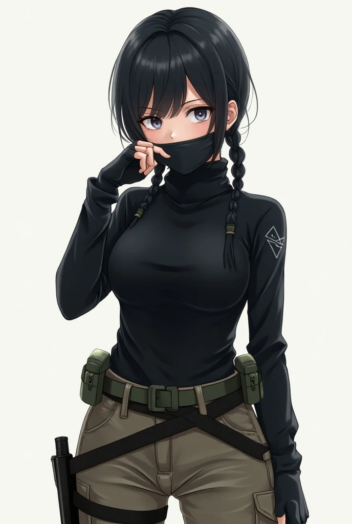 anime style
Gender: woman
Height: 158 cm
Age: 25
profession: The sniper
appearance: black hair they are braided in a careless pigtail, gray eye color, slim build. 
Clothing: black tight turtleneck, khaki cargo pants. bandages on the hips with knives, a hol...