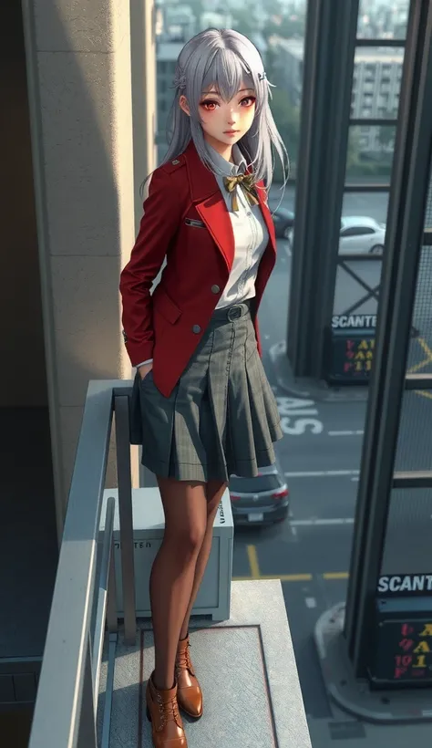 3D rendering, realistic ,  optical difference,  woman standing on the overpass of a high-rise building, details, 1Girl , Long hair, pure white ,Ring braid,  Red Lips , Kakegurui school uniform, redblazer, White shirt, Gray folded skirt, Brown tights, High ...