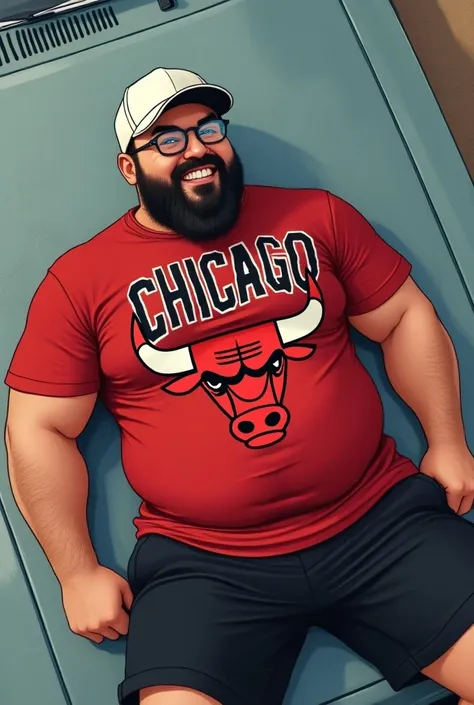 Funko mens , clear lenses,bearded , thick body ,  white Yankee cap  ,  red Chicago Bulla t-shirt,  black shorts , black tennis ,  lying on a gray Nissan B15  