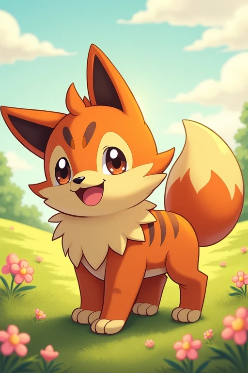  The fire Pokémon Fukano has a dog-like body with a shaggy ,  orange and beige fur and dark stripes .  It is a four-legged friend and has strong lower legs on the hind legs .  The front paws are comparatively slim and equipped with two claws .  Fukanos rou...