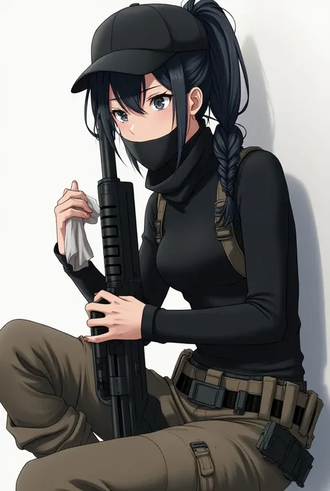 anime style
Gender: woman
Height: 158 cm
Age: 25
profession: The sniper
appearance: black hair they are braided in one a careless pigtail, gray eye color, slim build. 
Clothing: black tight turtleneck, khaki cargo pants. bandages on the hips with knives, a...