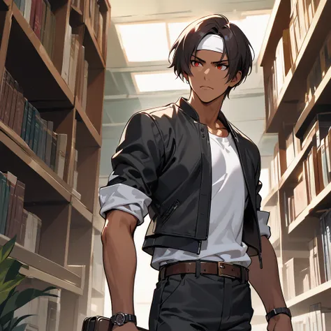 Best quality, masterpiece, stoic, short cut, dark skin, dark hair, red eyes, [toned arms, small chest, ((black jacket with rolled up arms)), ((white headband)), open jacket, white T-shirt, brown belt, black slacks, bag, white sneakers (reaching for book on...