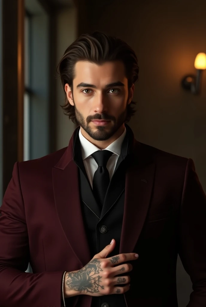 Handsome man wearing a goatee with his back brown hair up to his shoulder in a burgundy suit and tattoo on his hands 