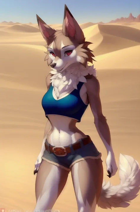 uploaded on e621, explicit content, 3d:0.4, (bastika, cutesexyrobutts, hioshiru), female, solo, (anthro, furry), lycanroc, midday lycanroc, desert adventure, (short shorts, crop top, belt), sand dunes, cacti, outdoors, standing on a dune, tail
