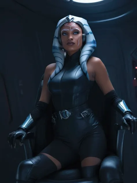 aahsoka and ((￼ silver eyes)) sits confidently on a modern-looking chair. she is dressed in a black latex  military uniform that...