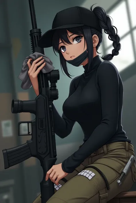 anime style
Gender: woman
Height: 158 cm
Age: 25
profession: The sniper
appearance: black hair they are braided in one a careless pigtail, gray eye color, slim build. 
Clothing: black tight turtleneck, khaki cargo pants. bandages on the hips with knives, a...