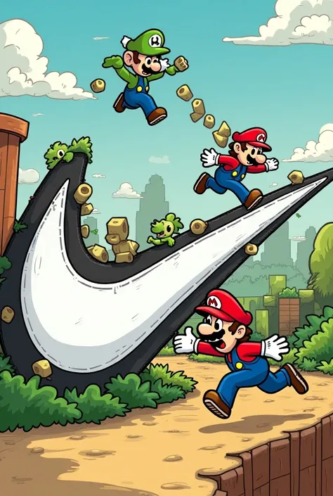  cartoon-like image of Mario Bros characters playing between Nike logo , The Nike logo has colors of the game .
 Lor characters are chasing each other with parts of the logo such as letters