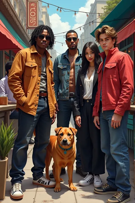 Make a picture of a group of people who are, Homeland, Michael Jackson, P Diddy, Justin Bieber, a goth woman, and a Japanese man, and a caramel dog