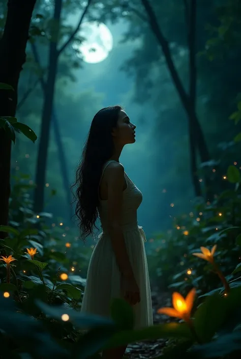 Create an image of a young woman in the jungle in the middle of the night 