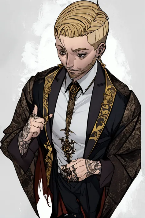 adult man, gothic clothes, tall, tatoo, blonde hair, undercut