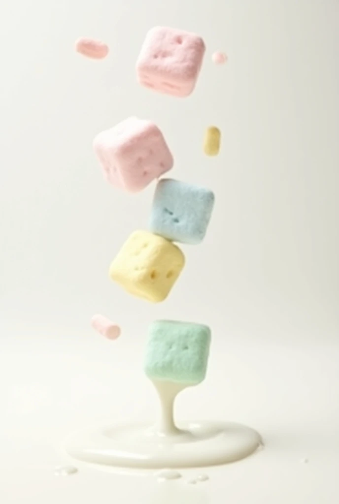 some small, colorful mashmelos falling into milk
 vertically