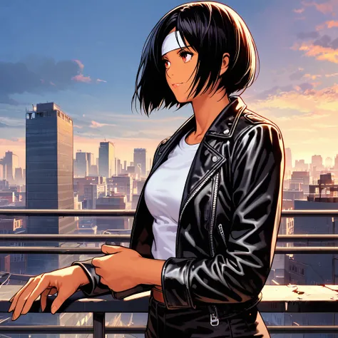 One woman standing, (leaning against wire mesh), (looking up at sky), dressed in ((black leather jacket with rolled up arms)), ((white headband)), white T-shirt, black slacks, brown belt, white shoes, shorthair, dark skin, red eyes, mature woman, /(black h...