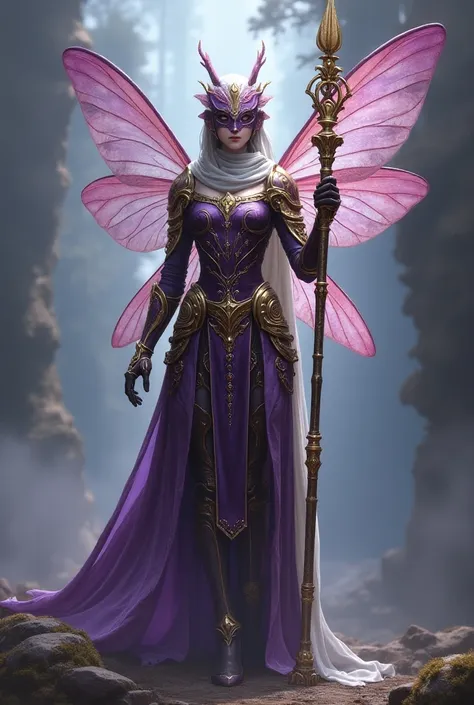 Female anthro dragonfly wearing white long torn scarf,fantasy fully armored purple and gold knight armor,wielding long fantasy gold and crystal staff