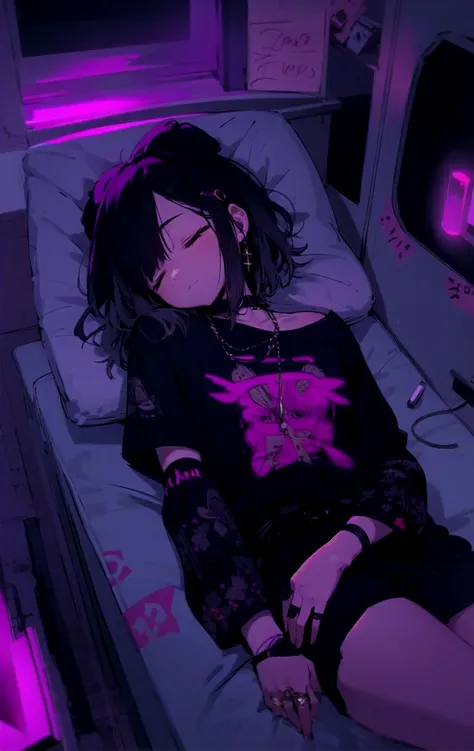 futon, pillow,  closed eyes, bed, sleeping,  black hair , liar, under blankets , blanket, liar, blanket,  under blankets , indoors,, ultra in detail, masterpiece,  better quality, aesthetics, in detail,, One, soft smile, slight smile,
 1girl, medium breast...