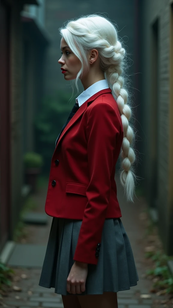 1woman, Pure white long hair, ring braid, red lips, soft and glowing skin,  school uniform, redblazer, White shirt, Gray folded skirt, Brown tights, side view, Full body , Dark tone,