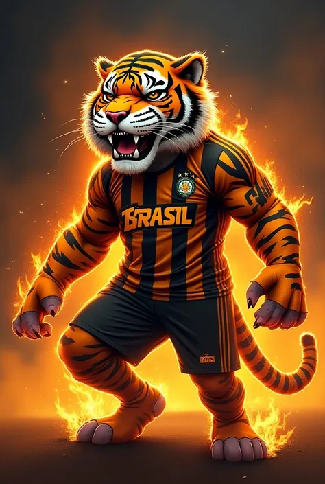  a tiger mascot the body of a tiger on its back with a soccer jersey written by Master Brazil, And with the background on fire  