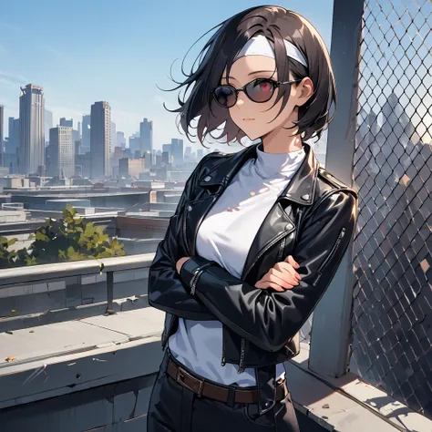 One woman standing, (leaning against wire mesh), (looking up at sky), dressed in ((black leather jacket with rolled up arms)), ((white headband)), white T-shirt, black slacks, brown belt, white shoes, shorthair, dark skin, red eyes, mature woman, /(black h...