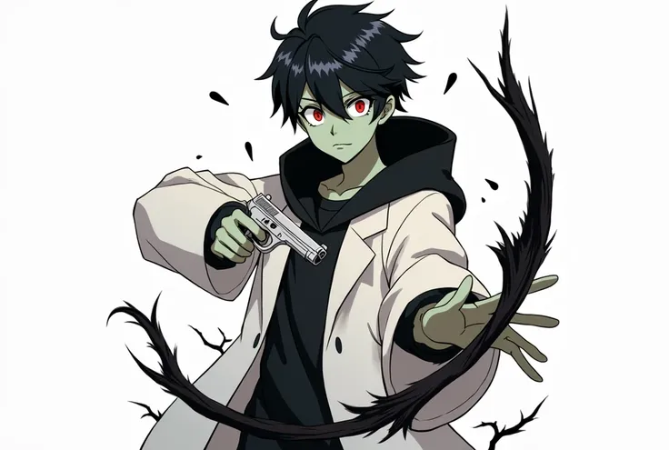 ((((Green skin Toon)))), (((1 boy))), Fantasy. (((A young adult with black hair))), ((red eyes)), and an evil expression sits pensive, ((((pointing a pistol)))),The young man is wearing a black cloack, Anime style. Fantasy style