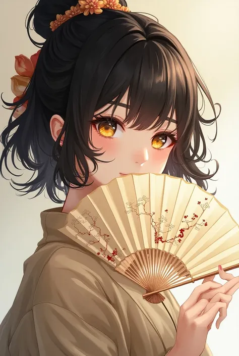    Japanese woman with a fan in front of her mouth , Wavy fans with characters   ,   The eyes are wide open and have a glow , Side view, cute
