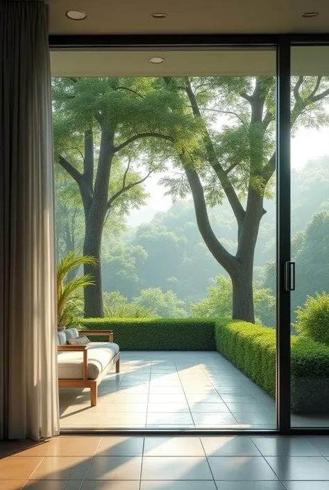 Realistic glass motel room with garden view two large trees