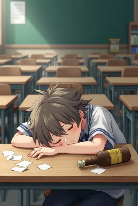 Anime guy drunk sleeping in one desk of school