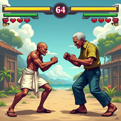 IMG_2384.CR2: In a spirited 2D fighting game, a character inspired by Mahatma Gandhi, dressed in traditional Indian attire, is depicted in a defensive stance against a figure resembling Nelson Mandela, who stands tall in a patterned shirt, ready to strike....