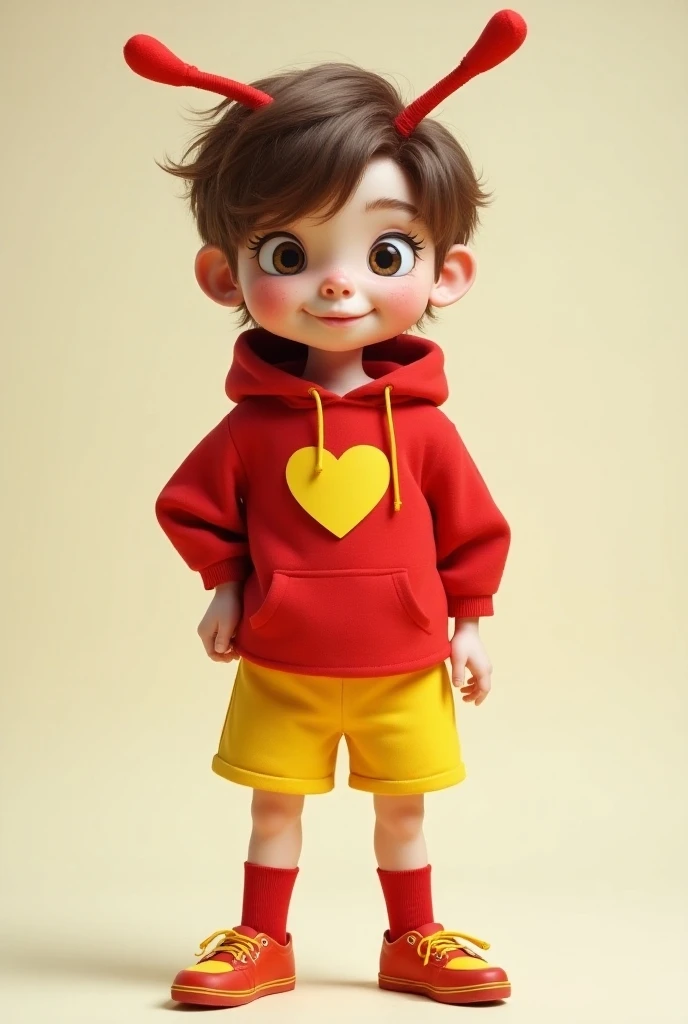 Comedy superhero with all red clothes yellow shorts yellow sneakers around his head a red hoodie with vinyl antennas red socks a suit glued to the body brown hair freckles on the face a symbol of a heart on the yellow breast with the name ch with red lette...