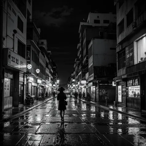 a deserted street scene image in the rain at night in saigon, black and white tones. 4k canvas painting