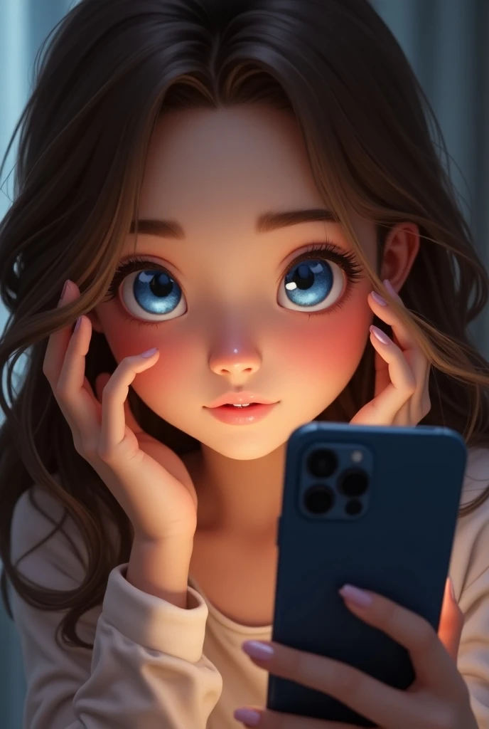 A girl with bright blue eyes and long brown hair putting on make up on her phone talking animatedly