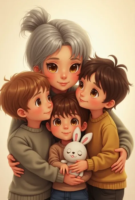  a  boy with light brown hair {x} A 40-year-old gray shaved mother with her 3 ren. An  boy ,  a  boy ,  une fille 4 ans cheveux longs châtains attachés en chignon rapide avec un petit doudou lapin. Tous de grands yeux marrons. if font un câlin 