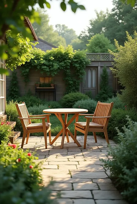 A beautiful morning of farmhouse garden 4 chairs and table in mid aesthetic