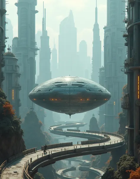 photo shoot，  Post-Production with Ultra Photorealism，Hyper-detailing，Ultra-wide angle photography，24th century，SF City， Fantasy World ， Future Tech Cities ，Oval building，Levitation，Paths in All Directions ， High Definition Surreal VFX，Dirt，spiral，Distant ...