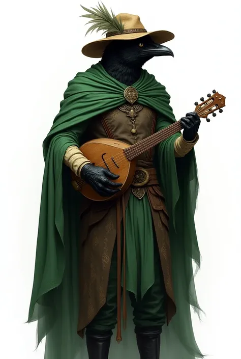  bardo humanoid crow , charismatic,  with detailed green clothes ,  has a leather hat detailed with feathers, And hold a lute (musical instrument) with both hands,  art painting semi-realistic RPG white background 