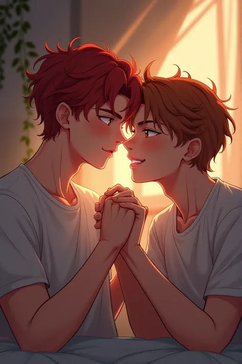 Two boys kissing,  with red and brown hair , light brown eyes, holding hands, transmitting love and passion ,  in a setting lying on the bed ,  creating a romantic transmission.