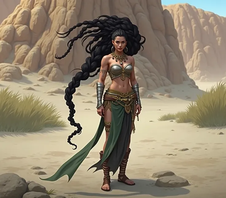 Create an image of a fierce female warrior with long black hair styled in braids, wearing a sleeveless, armor-like chest piece with golden accents, exposing her midriff. She has metallic bracers on her forearms with flowing detached sleeves that hang loose...