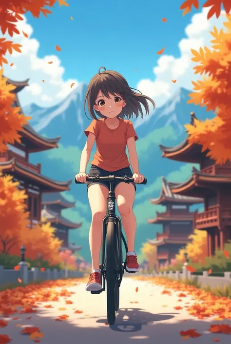 cute anime girl rides a bicycle, in running shorts, short shorts, Mountain Temples in Autumn Foliage
