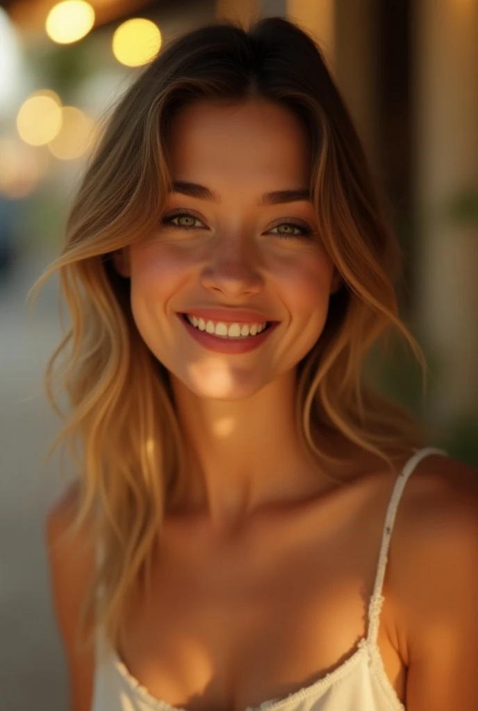 Cinematographic scene, beautiful, Young woman 30 years old,  with European features. cheerful, laughs, cunning eyes, everything is detailed , background is light